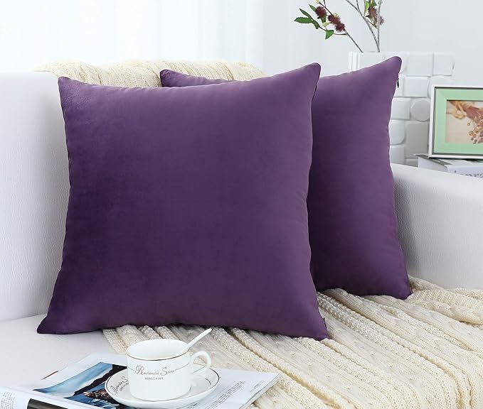 Jeneoo Comfy Soft Thick Velvet Throw Pillow Covers for Sofa Couch, Decorative Solid Square Cushion Cases for Bedroom Car (Eggplant Purple, 18 x 18 Inches, 2 Pieces)