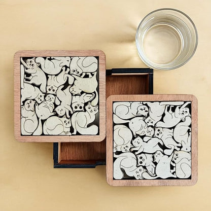 Set of 02 Cats Wooden Puzzle Coasters – Cat Lover Gift, Unique Wood Drink Coasters - Cat Puzzle Coasters - Interlocking Jigsaw Drink Mats with Laser-Cut Design