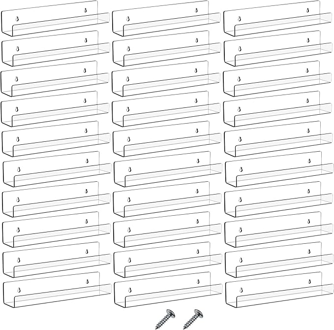Blulu 30 Packs 15 Inch Acrylic Floating Shelf Wall Mounted Invisible Acrylic Shelf Ledge Floating Bookshelf for Living Room Office Bedroom Bathroom Kitchen Decoration Space Save