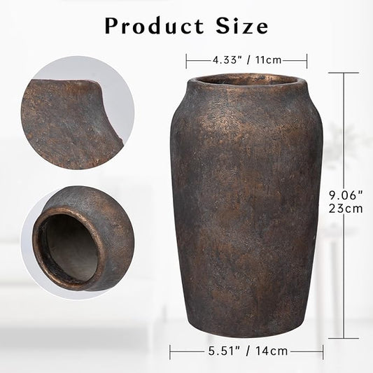 Briful 9.06'' Large Ceramic Rustic Vase Shabby Vintage Textured Vase, 4.33'' Wide Mouth Pampas Vases for Fake Flowers Branches, Farmhouse Home Décor, Weddings Shelf Table Decor, Brown
