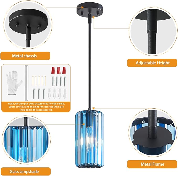 Modern Crystal Pendant Light Mini Light Blue Chandeliers Adjustable Pendant Lights Fixture for Kitchen Island Dinning Room Corridor Bedroom(Light Blue 1-Pack)