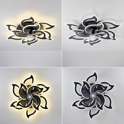 38" Black Geometric Ceiling Fan with Lights, 6 Speeds Flower Low Profile Flush Mount Ceiling Fan for Living Room