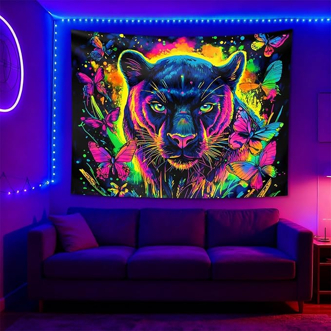 seewan Black Light Black Panther Tapestry, Glow-in-the-Dark UV Neon Butterfly and Black Panther Wall Hanging, Psychedelic Animal Art Tapestry, Bedroom Dorm Living Room Background Decor