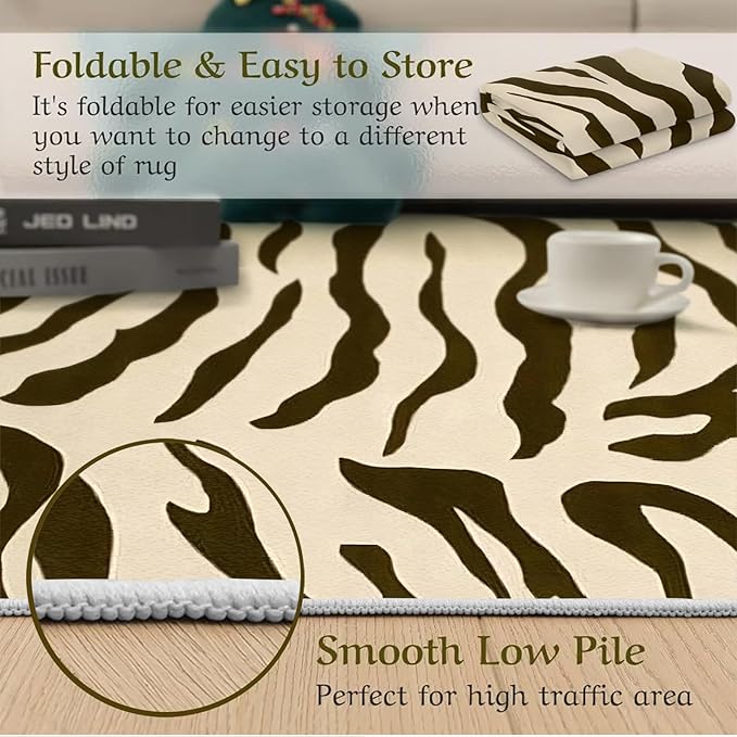 Black Brown Zebra Stripes Area Rug, Animal Inspired Art Print Large Rugs, Machine Washable Breathable Durable Carpet for Boys and Girls Nursery Bed Living Room Carpets Nursery Decor Rug,5 x 6ft