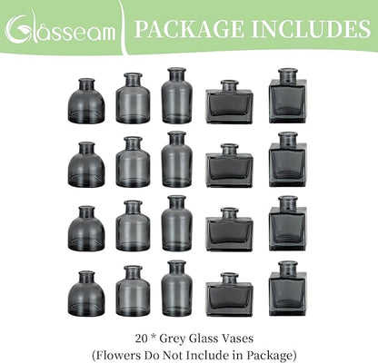 Glasseam Mini Bud Vases for Centerpieces: Clear Small Flower Vase Set of 20 Cute Tiny Glass Table Centerpieces Modern Wedding Birthday Party Baby Shower Dining Room Decoration Black Grey