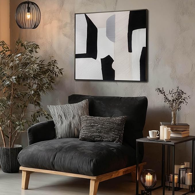 LEVERUP Black and White Square Geometric Pattern Wall Artwork Modern Painting Posters Abstract Wall Decor for Dining Room Bedroom Kitchen 32×32 Inchs