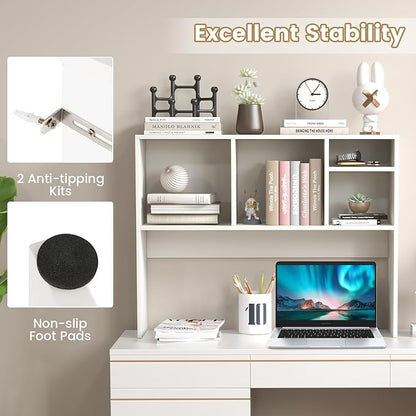 GOFLAME 4 Cubes Desktop Bookshelf, 37” Tabletop Wood Desk Shelf for Computer Monitor, Modern Countertop Desk Display Hutch Storage Organizer Shelf for Home Office, Dorm, Study (White)