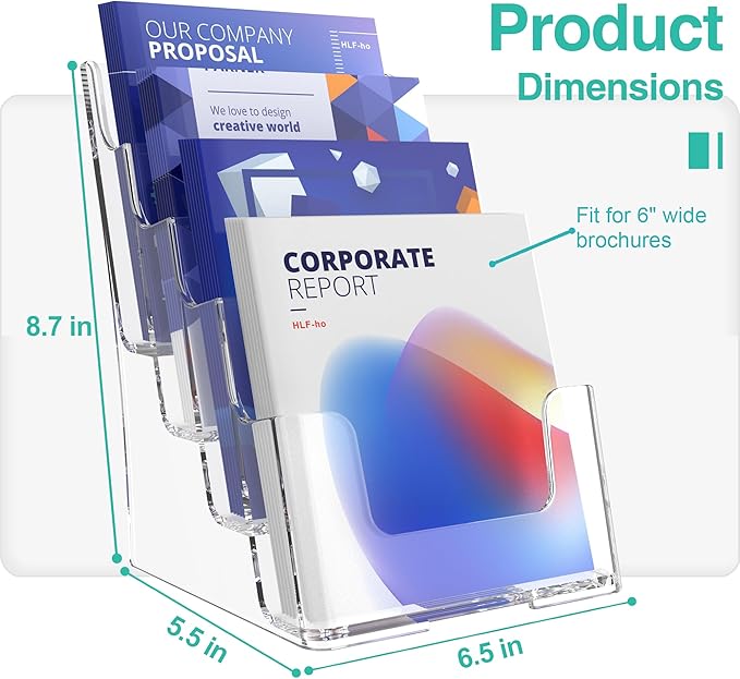 Brochure Holder 6x9 Inch 4 Tier Acrylic Literature Holders Clear Plastic Flyer Display Stand Countertop Use or Wall Mount Pamphlet Holder Organizer for Office, Lobby, Hotel, Trade Show, 1 Pack