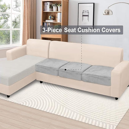 NAISI Couch Cushion Covers 3 Pieces Velvet Stretch Sofa Seat Covers or Backrest Covers Soft Individual Couch Covers for Sectional Sofa(3 Pcs for 3-Seat Cushion,Light Grey)