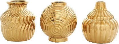 Deco 79 Ceramic Abstract Decorative Vase Small Textured Centerpiece Vases with Varying Shapes and Patterns, Set of 3 Flower Vases for Home Decoration 5" W, 6" H, Gold