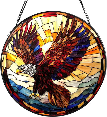 Eagle Stained Glass Window Hanging, 7.8" Round Sun Catcher Hand Painted Wall Art Decor with Chain, Unique Housewarming Gifts for Couples, Home