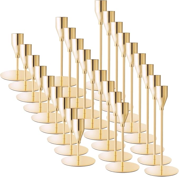 French Gold Taper Candle Holders for Wedding Table Centerpiece,Tall Taper Candlestick Holders Bulk Set of 27,Metal Candle Stick Holders for Dinning or Mantel Centerpiece,Party Home Decor