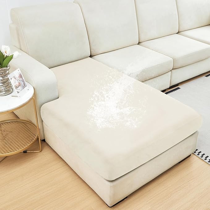 NAISI Waterproof Couch Cushion Covers Thick Velvet Fabric Washable Sofa Slipcovers 1 Piece Individual Sectional Couch Covers with Elastic Bottom(1 PC for Chaise Lounge,Ivory White)