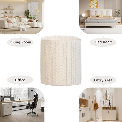 Modern Round Ottoman 2Pcs, Braided-Tufted Foot Stool Ottoman, Velvet Upholstered Vanity Stool for Makeup, Bedroom, Living Room, White