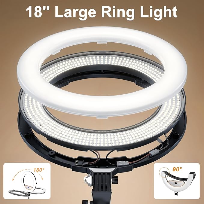 18" Large Ring Light with 60" Tripod Stand for iPhone, Portable Foldable Bi-Color 2500-6500K LED Big Ringlight for iPad with Bluetooth Remote Video Recording YouTube TikTok Photography Makeup