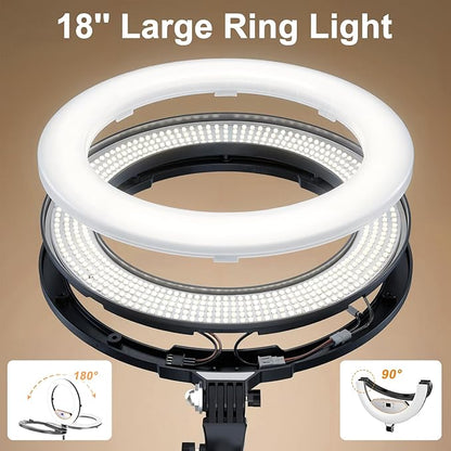 18" Large Ring Light with 60" Tripod Stand for iPhone, Portable Foldable Bi-Color 2500-6500K LED Big Ringlight for iPad with Bluetooth Remote Video Recording YouTube TikTok Photography Makeup