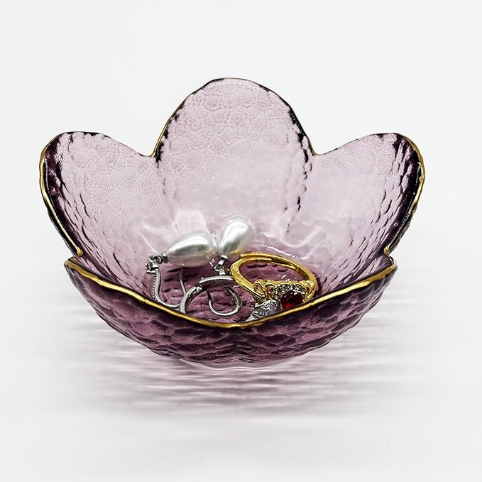 Purple Flower Ring Dish, Small Glass Jewelry Dish Tray, Ring Holder Jewlery Tray Trinket Dish, Bathroom Nightstand Decor Jewelry Bowl Christmas Friendship Birthday Gifts for Women, Soap Dish