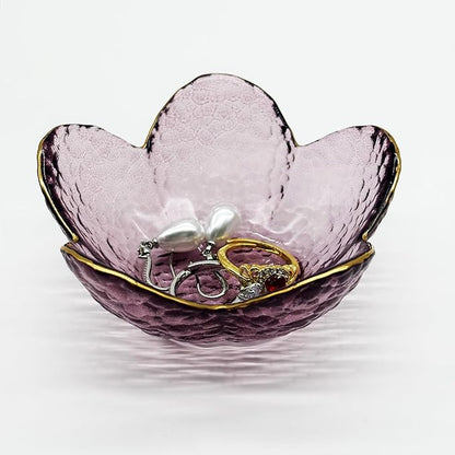 Purple Flower Ring Dish, Small Glass Jewelry Dish Tray, Ring Holder Jewlery Tray Trinket Dish, Bathroom Nightstand Decor Jewelry Bowl Christmas Friendship Birthday Gifts for Women, Soap Dish