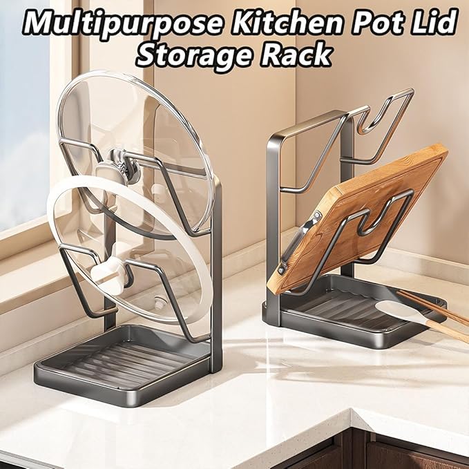 Kitchen Pot Lid Storage Rack, Pot Lid Rack, Multi-functional Kitchen Storage Racks, Space-Saving Kitchens Pots Cover Organizer Stand for Countertop (White)