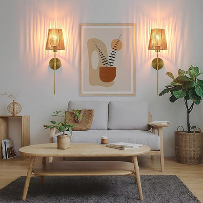 Battery Operated Wall sconces Set of Two,Rattan Shade Gold with Remote Rechargeable Light Bulbs,dimmable RGB,Living Room,Bedroom,Hallway,Bathroom can be Used