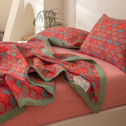 100% Cotton Muslin Blanket Jacquard Rustic Mermaid Fish Scales Quilt, Soft Bed Cover 3 Layers Reversible Bedspread Coverlet Breathable Lightweight Bedding Twin(59"x94"), No Pillow Sham