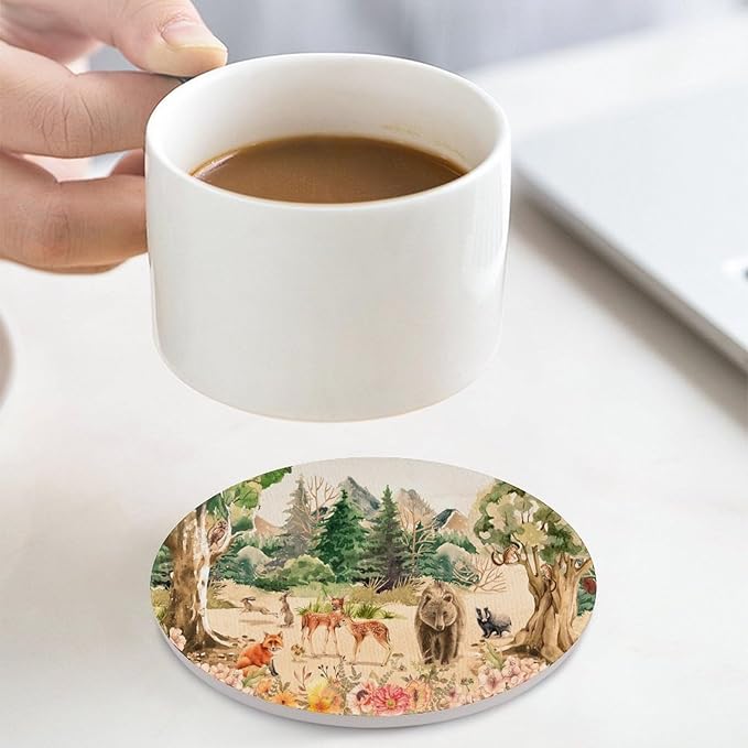 Forest Drink Coasters, Round Ceramic Drink Coaster Round-4PCS, Retro Mountain Forest Nature Tree Woodland Flower Animal Bear, Deer Decor Absorbent Ceramic Coasters for Beverage Cup, Bar, Coffee Table