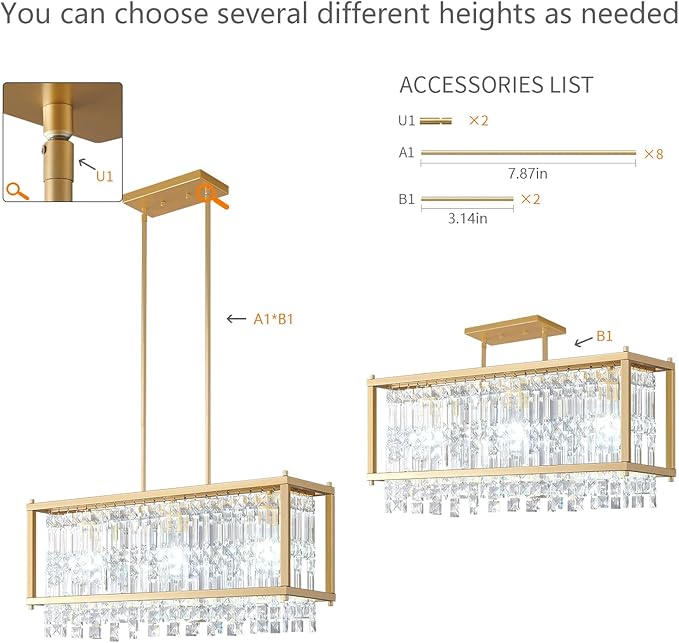 LMQNINE Modern Rectangle Chandelier for Dining Room, Gold Crystal Chandelier Linear Light Fixture, Farmhouse Chandeliers for Kitchen Island, Bar Table, L25.98'' x W9.84'' x H8.66''