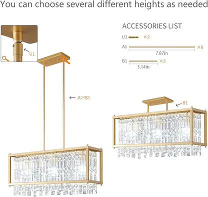 LMQNINE Modern Rectangle Chandelier for Dining Room, Gold Crystal Chandelier Linear Light Fixture, Farmhouse Chandeliers for Kitchen Island, Bar Table, L25.98'' x W9.84'' x H8.66''