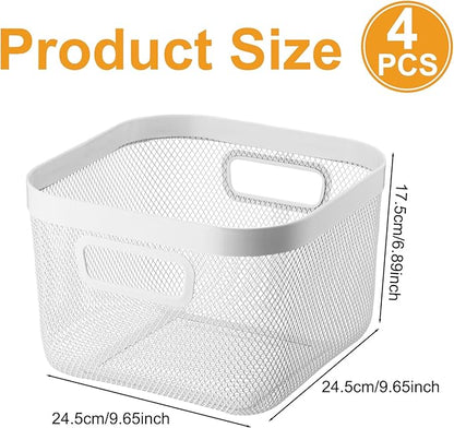 4 Pack Metal Mesh Basket with Hollow Handles White Wire Storage Bin for Organizing Stackable Metal Fine Mesh Basket for Pantry Bathroom Kitchen Cabinets Shelves (Medium)