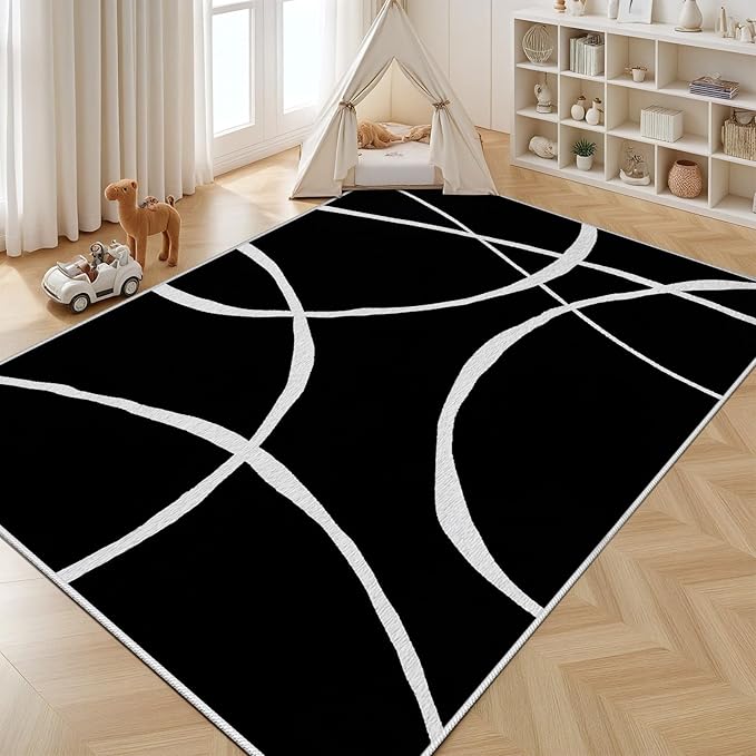 Black and White Rugs, Abstract Rug, Modern Minimalist Rug, Curved Line Design Carpet, Black and White Abstract Rugs Washable Non Slip for Living Room Home Decor 3x5