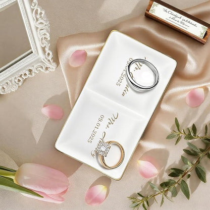 Personalized Mr and Mrs Ring Dish, Custom Ceramic Jewelry Dish, Holder Ring Holder for Wedding, Engagement, Anniversary, or Valentine’s Day Gift, Engrave Names, Dates, or Special Messages