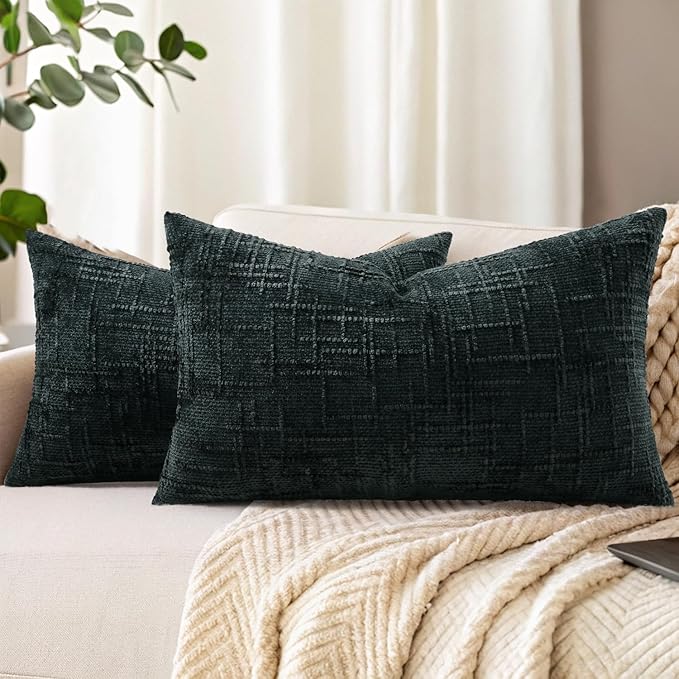 decorUhome Spring Black Chenille Throw Pillow Covers 12x20 Set of 2 Textured Slubby Couch Pillow Covers Farmhouse Accent Modern Neutral Decorative Pillow Cases for Bed Sofa Living Room