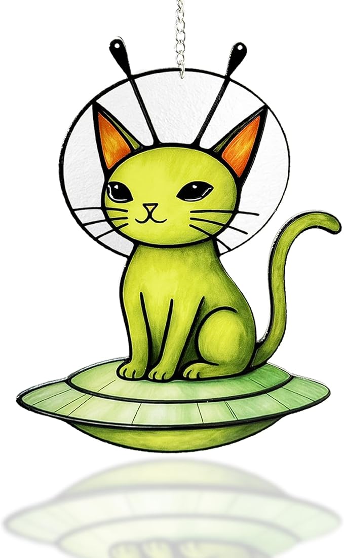 Cat Stained Glass Suncatcher Window, Hanging Sun Catchers Indoor Window, Suncatcher for Mom/Women (Alien Cat)