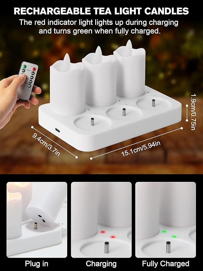 Rechargeable Tea Lights Candles with Remote Timer, 2" x 2.1" Flameless LED Candles with USB Charging Base, Small Votive Candle Electric Fake Candle for Wedding Table Decor Dining (8 Pack)