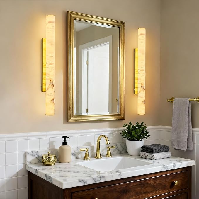 LMQNINE Natural Alabaster Wall Sconces Set of Two Spanish Marble Wall Light Cylinder Modern Gold LED Sconce for Living Room Bedroom Bathroo Stairs（L-2Pack）