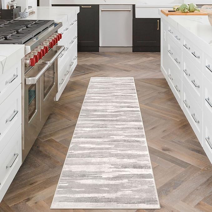 Modern Abstract Runner Rug 2x6, Neutral Light Beige and Grey Washable Kitchen Runner Non-Slip Soft Hallway Rug Runner Thin Print Faux Wool Carpet for Entryway Bedroom Laundry Room Indoor
