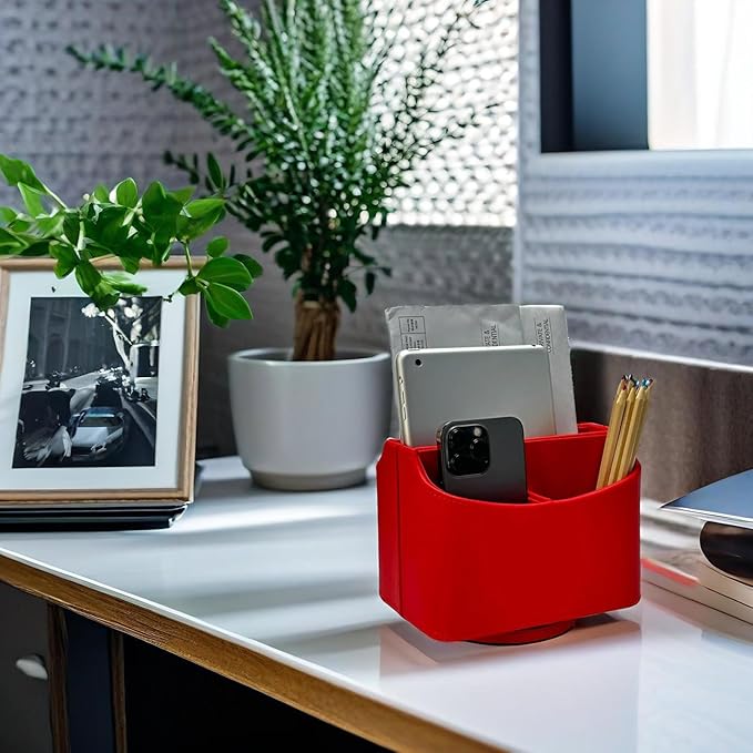 UnionBasic Rotating Desk Organizer, 360 Degree Desk Spinning Caddy, Desktop TV Guide/Mail/Media/Remote Controller Holder Organizer, Red