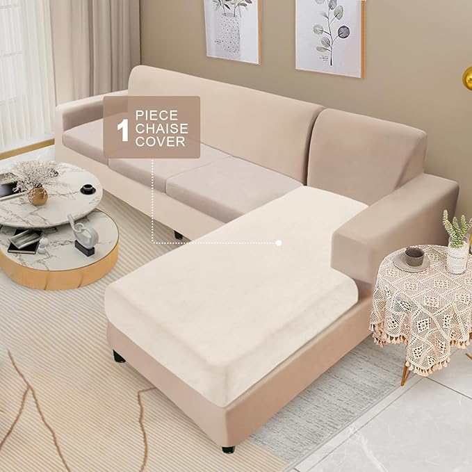 NAISI Sectional Couch Cover 1 Piece Velvet Separate Chaise Lounge Cover Soft Stretch Sofa Slipcovers for Left/Right Chaise Sectional Couch(Chaise Lounge,Beige)
