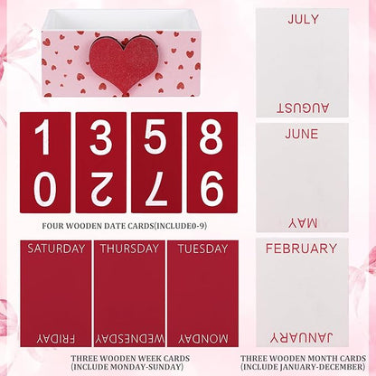 Heart Wood Block Perpetual Calendar Valentine's Day Desk Decor Cute Month Week Date Display Decorative Block Calendar for Women Office Home Desk Gift for Women