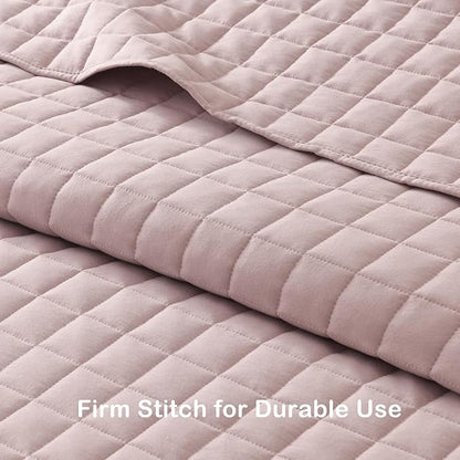 HORIMOTE HOME Dusty Pink Ruffled Quilt Set Twin Size, Classic Geometric Square Stitched Pattern, Pre-Washed Farmhouse Shabby Chic Microfiber Lightweight Bedding Set Bedspread Coverlet for All Season