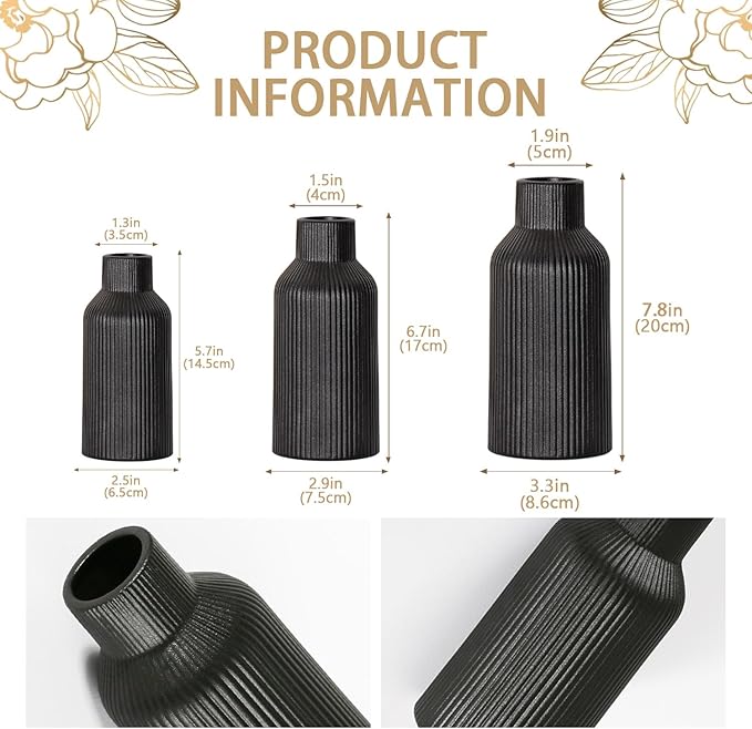 Bohemian Black Ceramic Vase - for Pampas Grass, Mantel, Bookshelf, Entryway and Living Room Decor (Black, Set of 3)