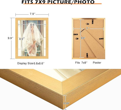 7x9 Picture Frame Gold, Rustic Natural 9x7in Photo/Portrait/Poster/Art Frame, Wall Hanging/Tabletop, Horizontal/Vertical Display Gallery Family Wedding Memorial Pic Frame Gift