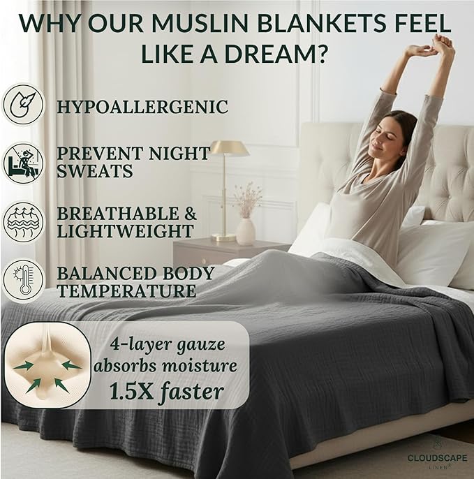 Luxury 100% Cotton Muslin Blanket King Size, 4 Layer Oversized 92x108 Fit Upto Calking Bed, Layering Winter Blankets for Bed, Soft Cotton Gauze Quilt, All Season Sharkskin Bedding