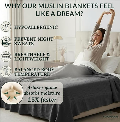 Luxury 100% Cotton Muslin Blanket King Size, 4 Layer Oversized 92x108 Fit Upto Calking Bed, Layering Winter Blankets for Bed, Soft Cotton Gauze Quilt, All Season Sharkskin Bedding