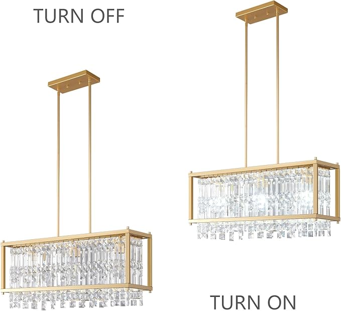 LMQNINE Modern Rectangle Chandelier for Dining Room, Gold Crystal Chandelier Linear Light Fixture, Farmhouse Chandeliers for Kitchen Island, Bar Table, L25.98'' x W9.84'' x H8.66''