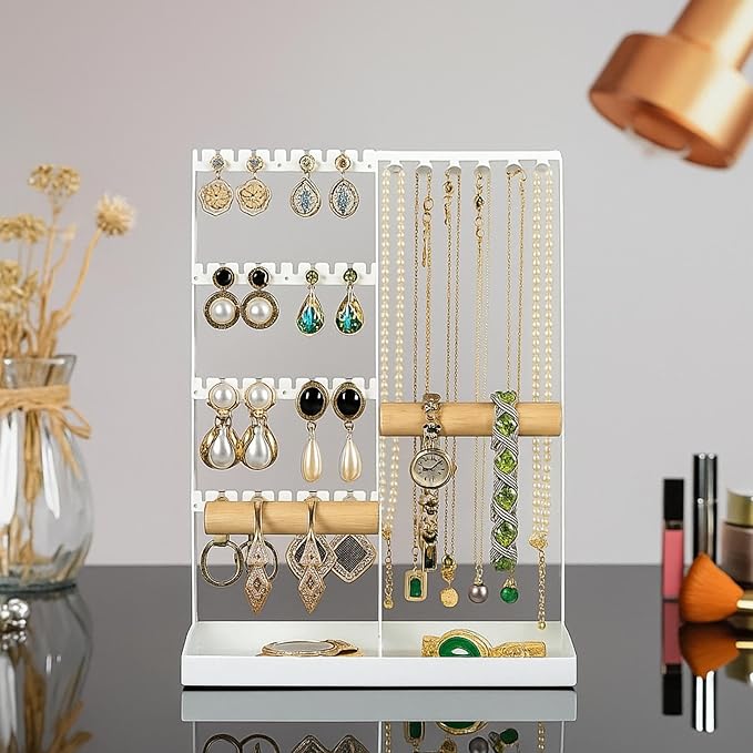 Jewelry Organizer Stand, Jewelry Holder, Necklace Organizer Box for Necklace Bracelet Earring Ring, White Metal Frame for Vanity Tabletop Decor