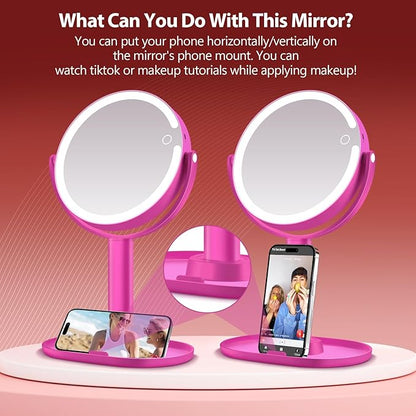 MIYADIVA Makeup Mirror with Lights, 20X Magnifying Mirror with Light and Touch Switch, 2-Sided Vanity Mirror with 3 Color and 80 LEDs, Hot Pink