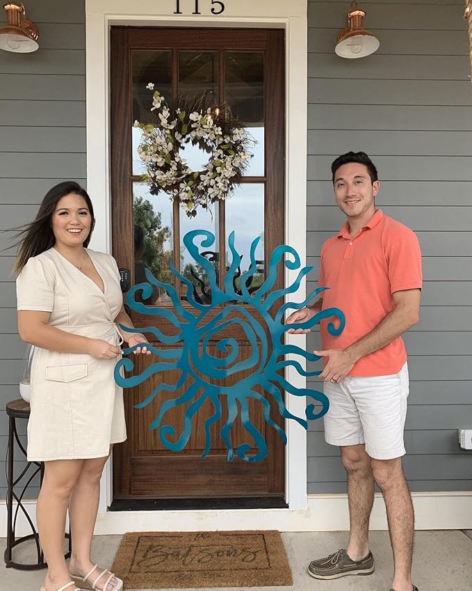 Riverside Designs Wacky Sun Metal Wall Art Indoor/Outdoor Decor - 24" Teal Rust Proof Wall Sculpture - Made in USA - Ideal for Bedroom, Garden, Home, Patio and Farmhouse