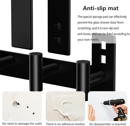 PMMASTO No-Drill Extra Long Shower Hooks, Fits 3/8" Thick Door, Heavy Duty Stainless Steel Towel Hooks for Frameless Glass Shower Door, Holds Bathrobe Towel (Black, 4 T-Hooks)