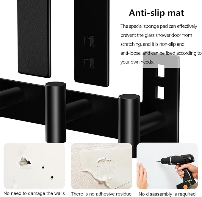 PMMASTO No-Drill Extra Long Shower Hooks, Fits 3/8" Thick Door, Heavy Duty Stainless Steel Towel Hooks for Frameless Glass Shower Door, Holds Bathrobe Towel (Black, 3 T-Hooks)